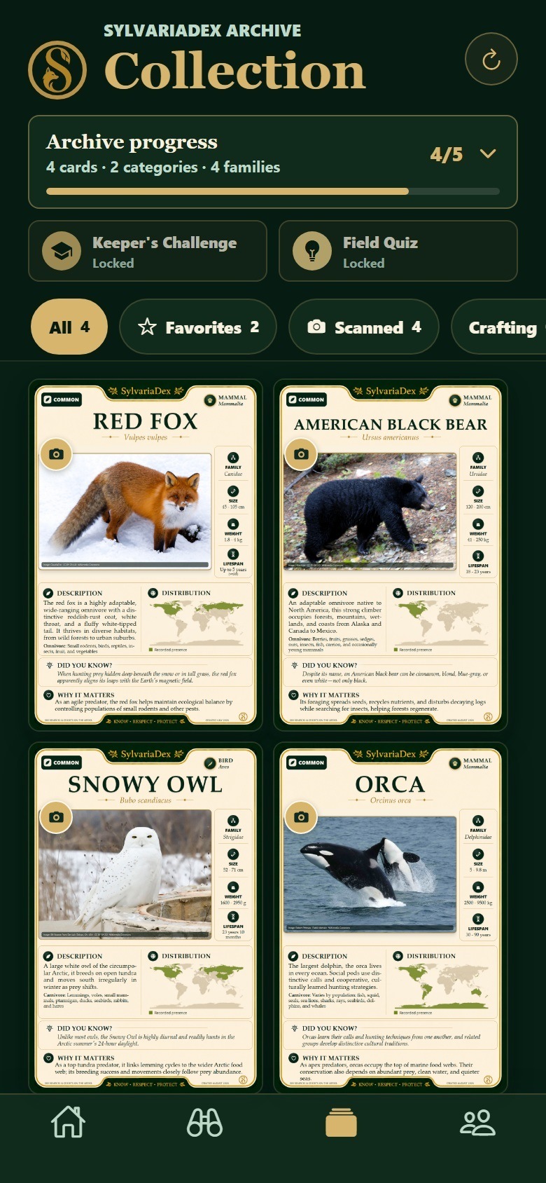 Collection page showing archive progress and four detailed illustrated species cards