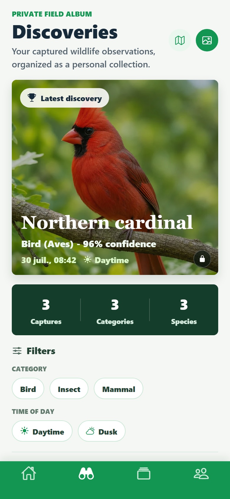 Discoveries page showing a Northern cardinal, field-journal statistics, and filters