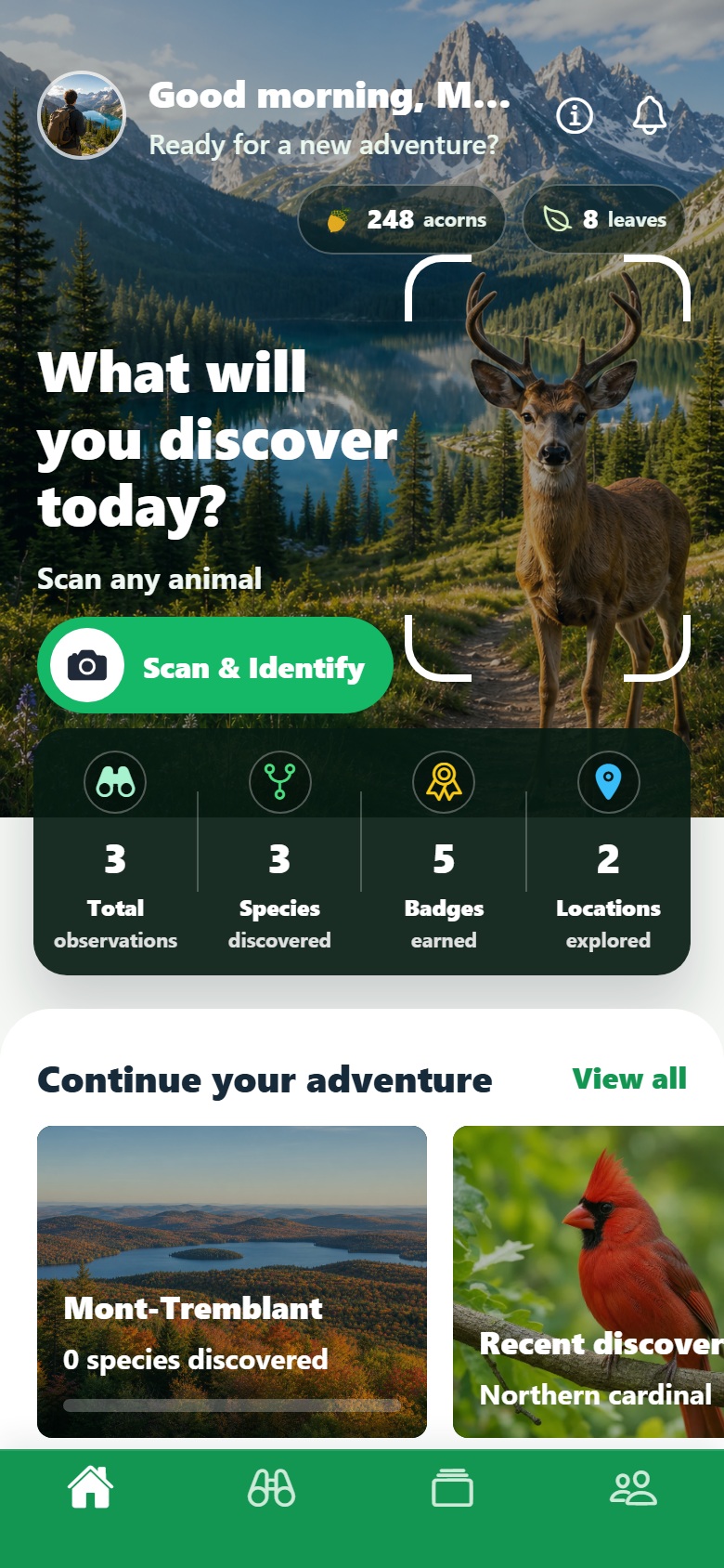 SylvariaDex Home showing the deer identification area, statistics, and Mont-Tremblant adventures
